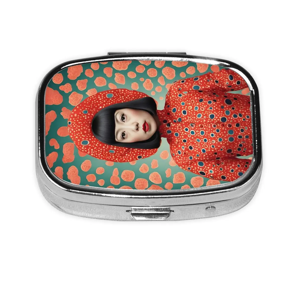 

Yayoi Kusama Art Metal Pills Box Mini Abstract Art 2-Compartment Square Pill Organizer Container for Purse