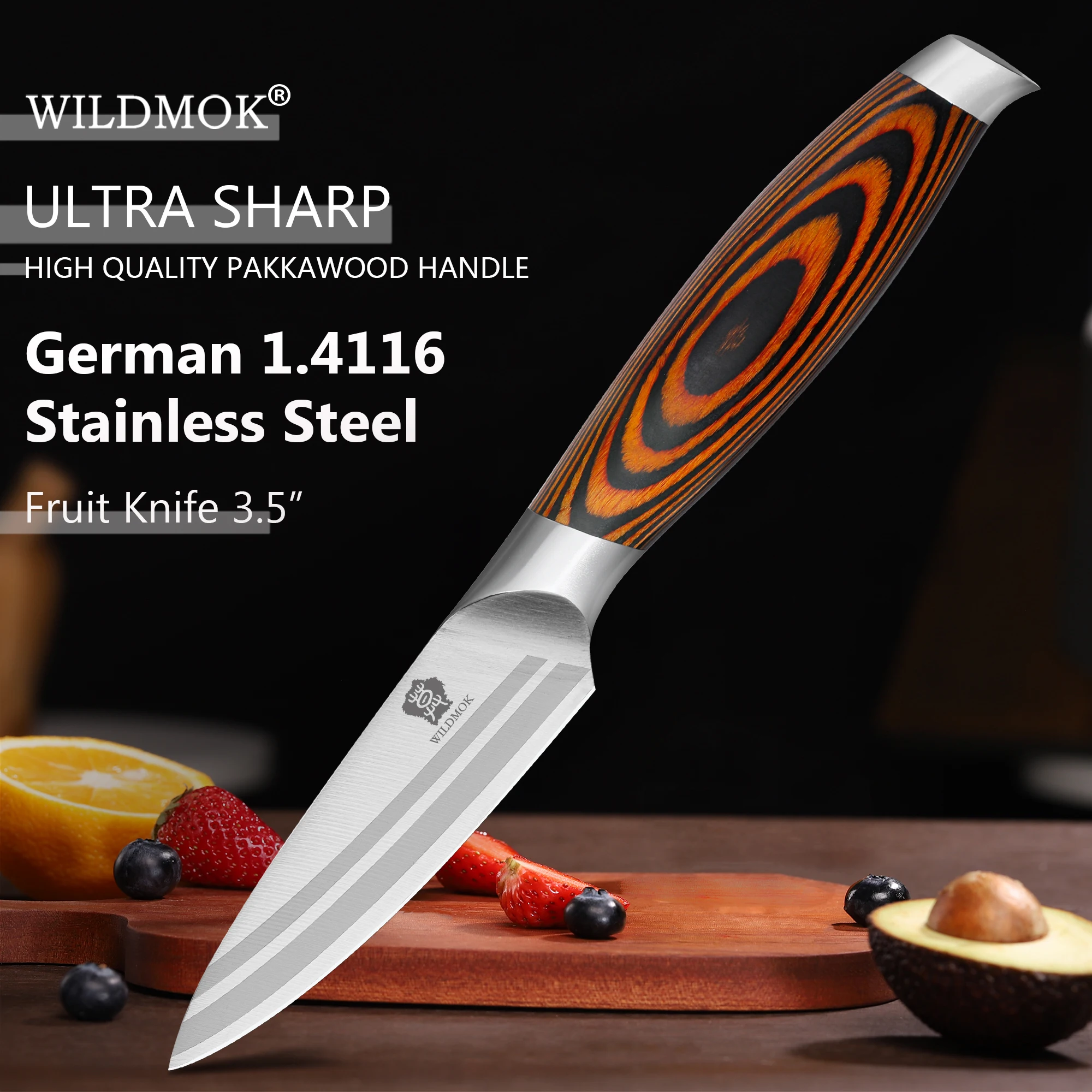 WILDMOK 3.5 Inch Fruit Knife German Stainless Steel Sharp Paring Knives with Ergonomic Pakkawood Handle