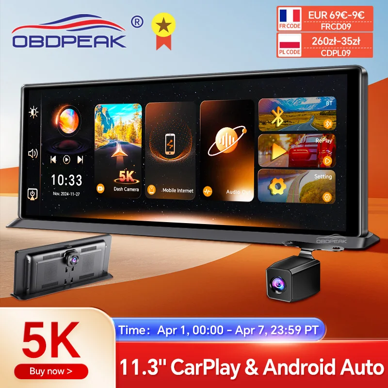 K8 Pro 11,3-Zoll-Touchscreen-Autokamera 5K Dashcam GPS 5G WiFi Wireless CarPlay & Android Auto Loop-Aufnahme GPS-Navigation DVR