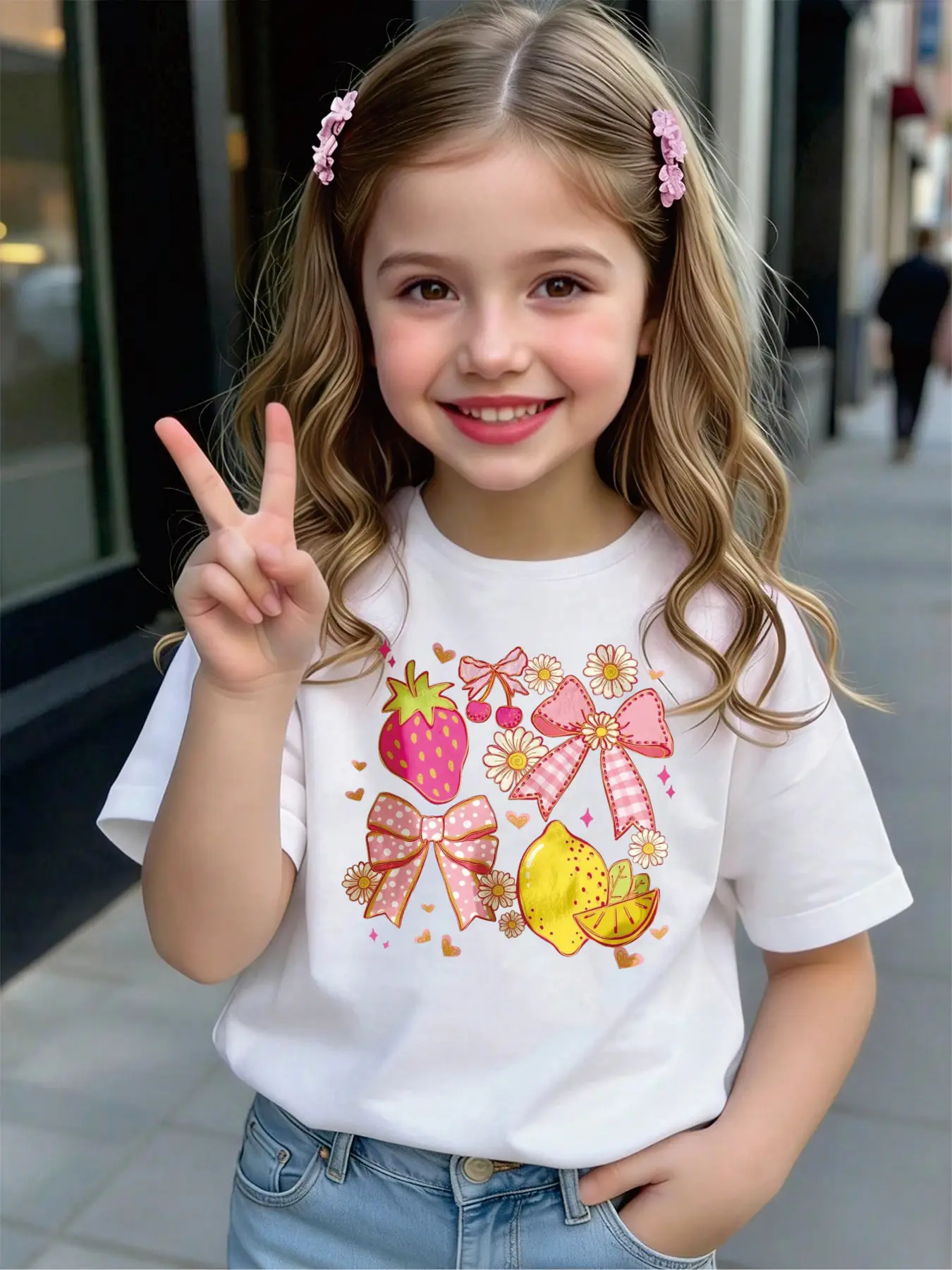 Kids Girls T-Shirt, Strawberry Lemon Pink Bow & Daisy Print Short Sleeve Casual Cotton Tee for Summer Daily Wear