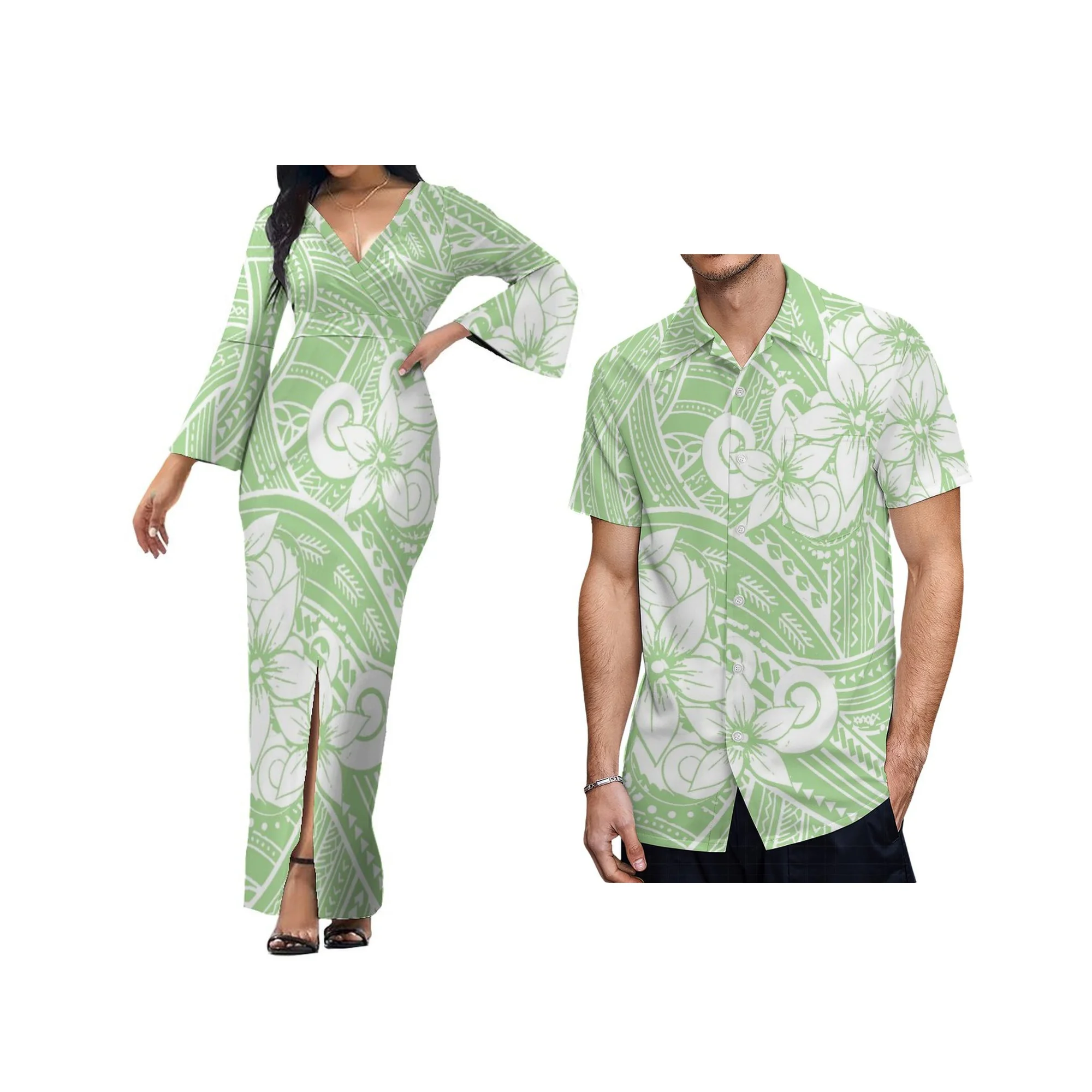 

Polynesian Custom Women Dress Soft Fabric Long Sleeve V-neck Elegant Dress Casual Temperament Floor-length Dress