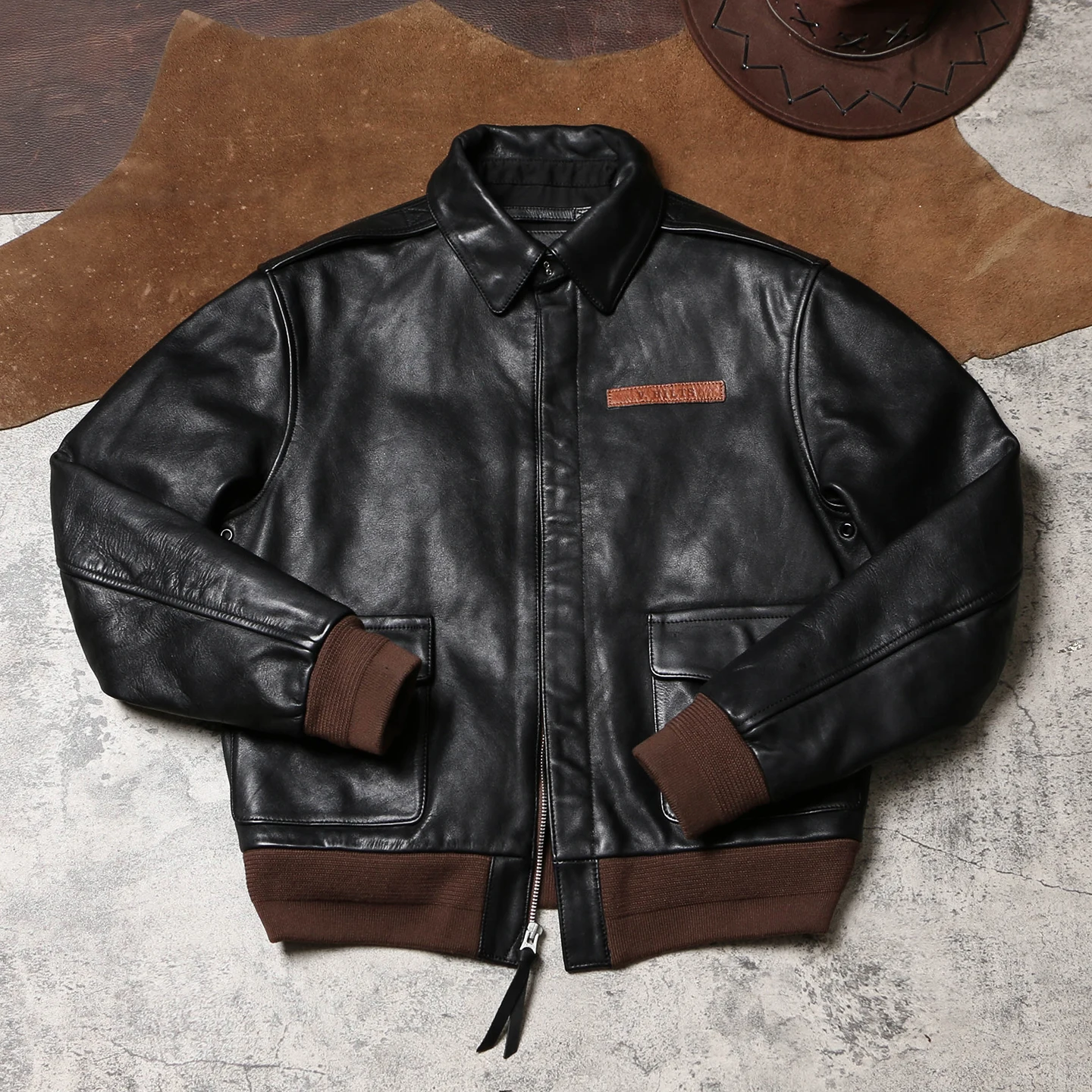 سترة طيار من الجلد الطبيعي للرجال من Tailor Brando McQu*en's Escape A2 مصنوعة من الحبوب الكاملة المشمعة المدبوغة