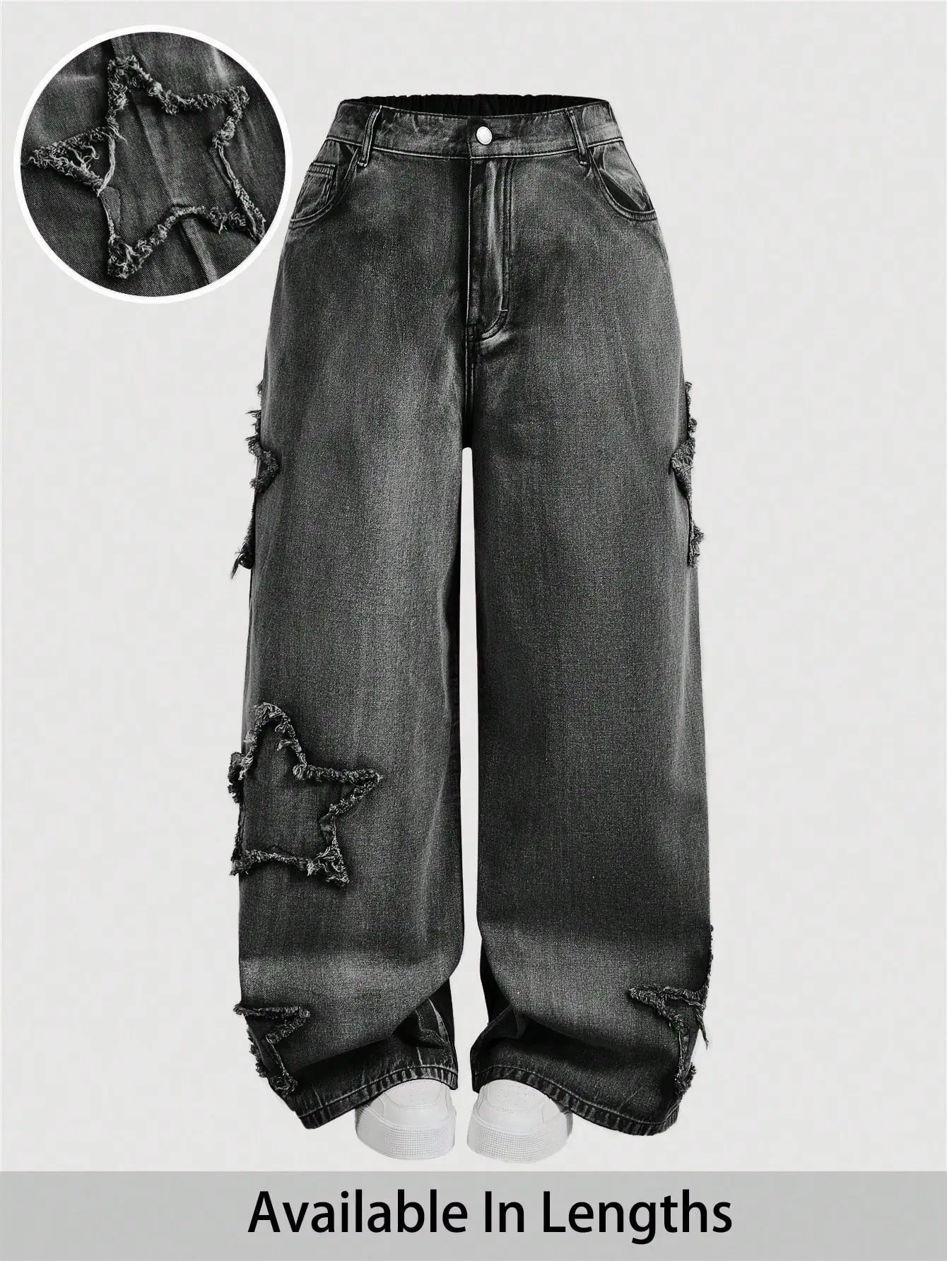 

Джинсы с эффектом потертости и нашивками в виде звезд, широкие штанины, черные, для Y2K и готического стритвира, свободный крой с карманами