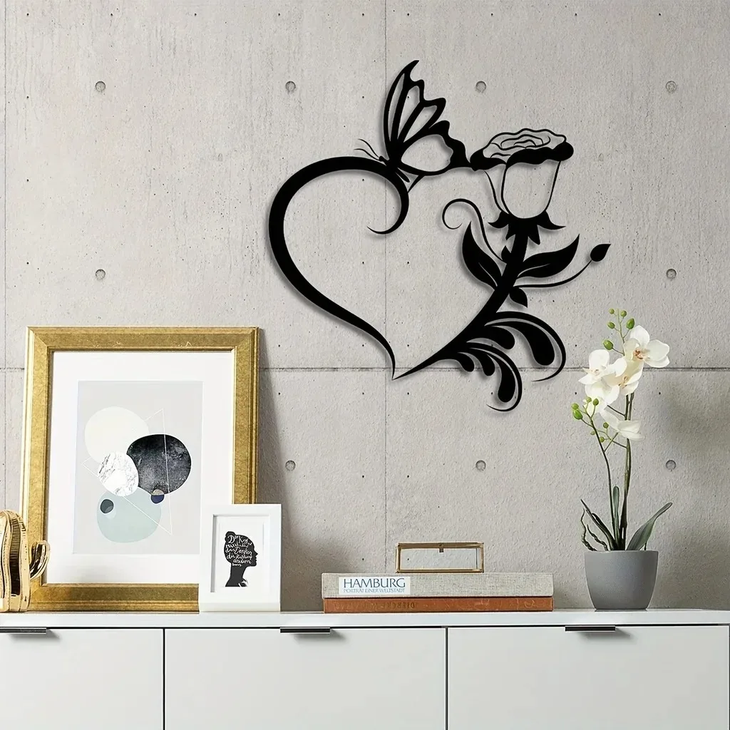 

Heart Metal Home Art Decor Unique Heart Rose Sign Metal Wall Mounted Art Butterfly Wall Hanging Geometric Ornament LOVER's Gifts