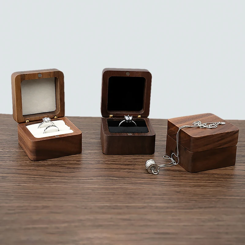 Vintage Square Wood Grain Wedding Rings Holder Wooden Ring Box Jewelry Organizer Earrings Jewelry Display Packaging Gift Boxes