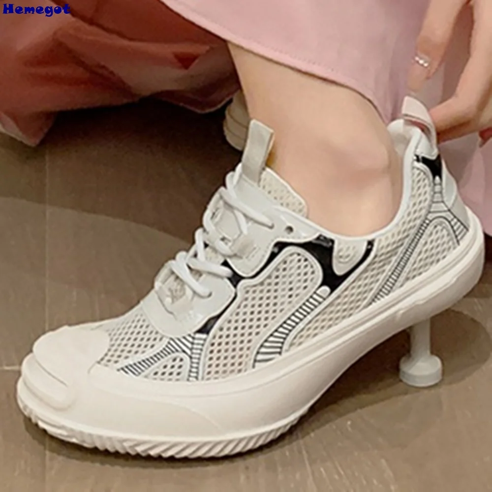 Patchwork Round Toe Thin Heel Sneakers 2025 New Outdoors Lace Up Sports Shoes Mixed Color Fashion Casual Women Slippers