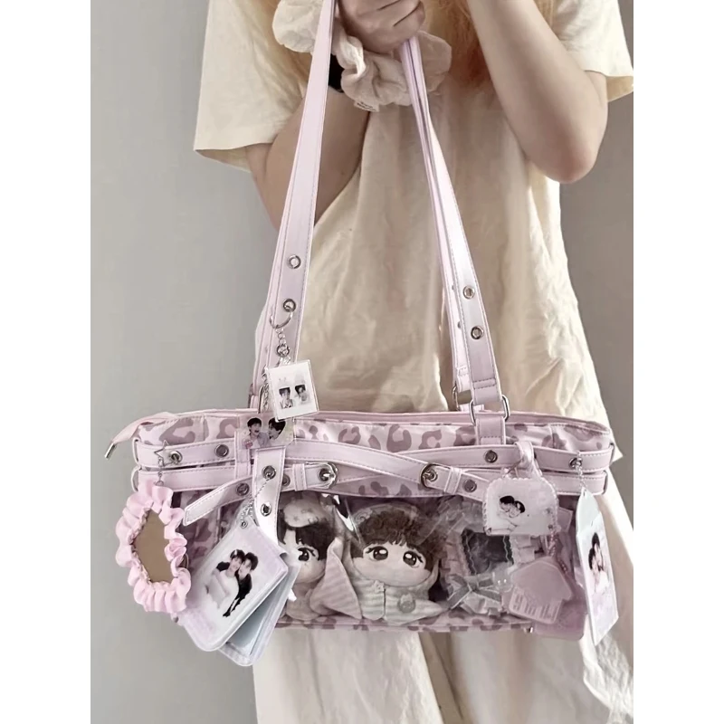 Polka Dot Ita-Tasche mit transparentem Sichtfenster, Damen Anime-Schultertasche, Lolita-Handtasche für Mädchen, Kawaii-Geldbörse mit Gürtelschnallendesign – Detail 3