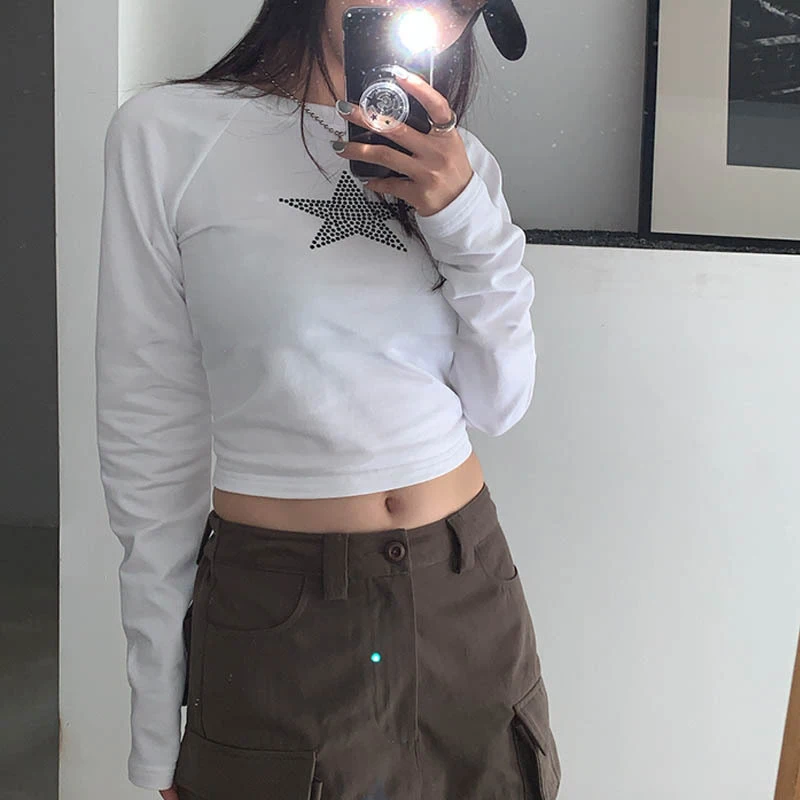 Traf เสื้อครอปแขนยาวของผู้หญิง, วินเทจ, การเย็บปะติดปะต่อกัน Y2K, สีเขียว, สตรีทฮิปปี้, หญิง, kpop, ย้อนยุค, ฤดูใบไม้ร่วง