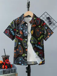 Camisa infantil com padrão gamepad, roupas casuais, manga curta, gola virada para baixo, tops criativos de verão, roupas infantis