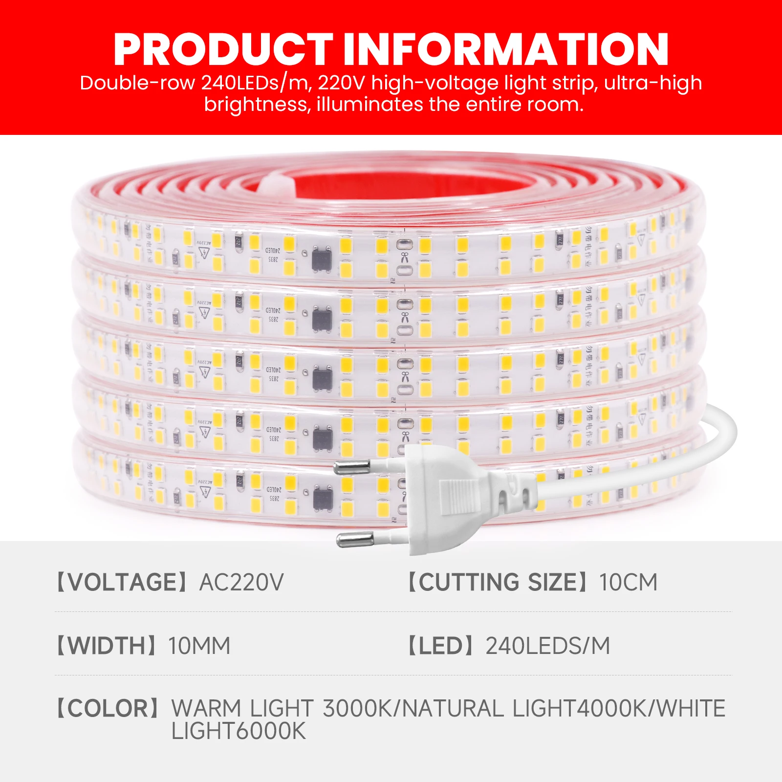 2835 LED Strip Light High Brightness EU Plug 220V 240Leds/m Waterproof Flexible LED Tape 3000K 4000K 6000K 10CM Cut Ribbon Diode