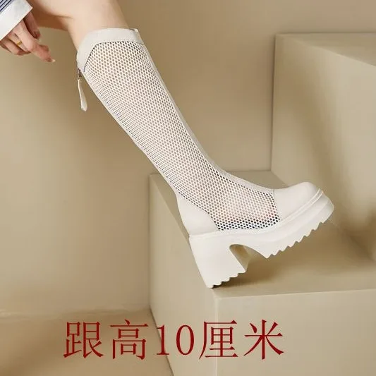 

Thick soled skinny boots thick high-heeled mesh boots 2025 new style knee high boots high-heeled knight boots