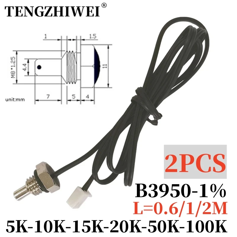 Capteur de température à thermistance NTC à sonde hexagonale, filetage 1.25, B3950, 5K, 15K, 20K, 50K, 100K, 1M, 2CPS, 10K, M8