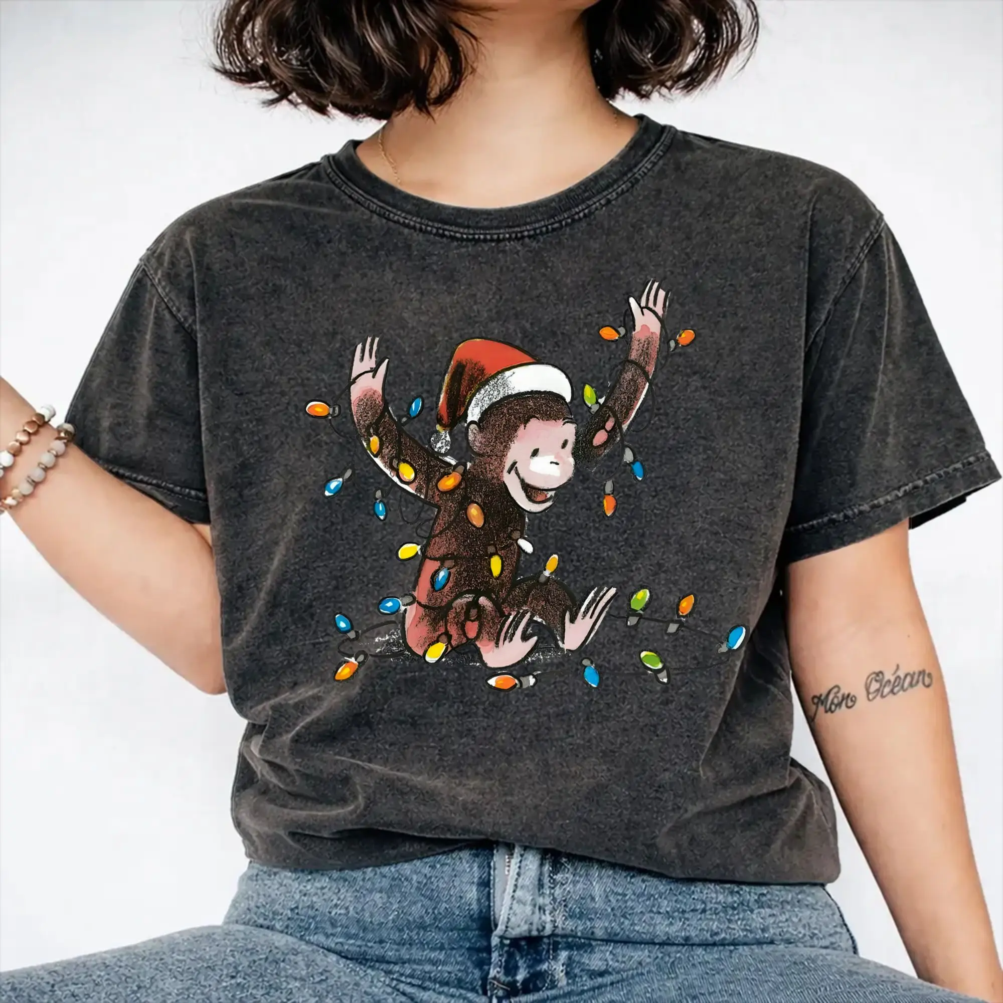 Graphic Printed Curious George on Christmas Washed T Shirts Merch Harajuku T-Shirt  Men Women Tee