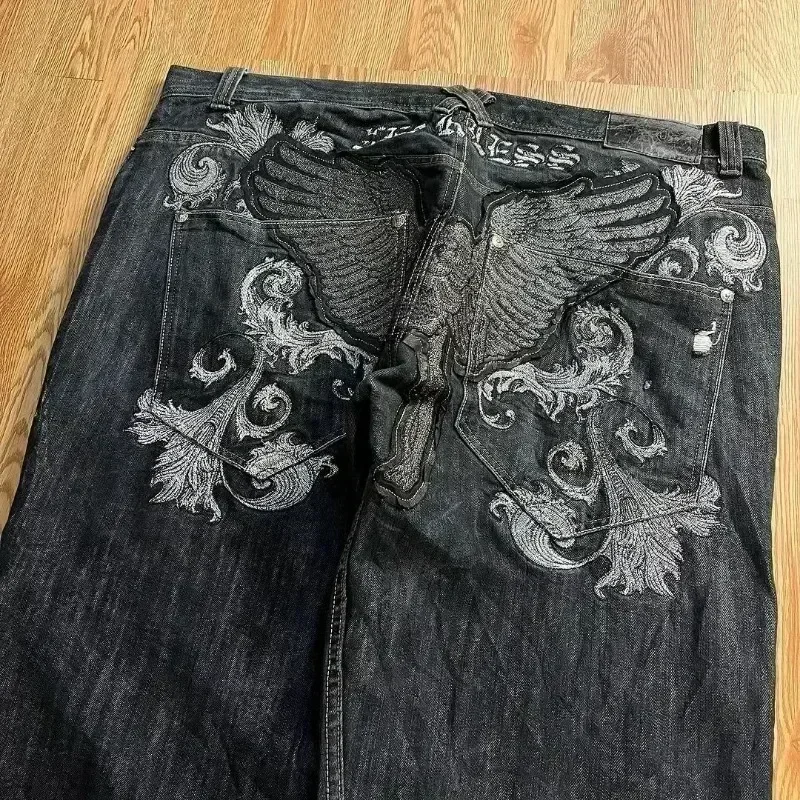 2024 New American Retro Skull Wings Embroidered Baggy Jeans Men And Women Y2K Harajuku Hip-hop Gothic Wide Trousers Streetwear