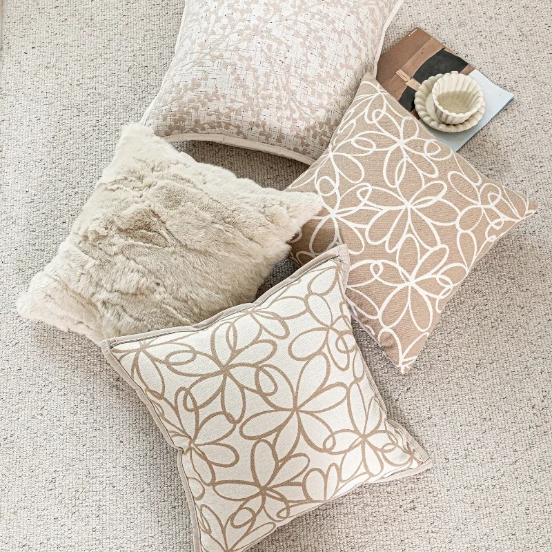 French Cream Beige Cushion Cover Decorative Soft Vintage Jacquard Textured Floral Pillowcase Luxury Sofa Cushion Case Home Decor