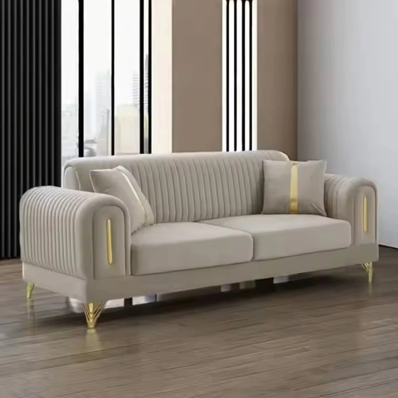 

Luxury 1 + 3 living room sofa set New design gold steel decoration Modern velvet living room villa sofa set Wholesale