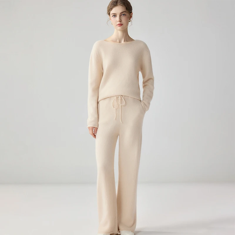 Fashion Women's 100% Cashmere Pullover Sweater Wide Leg Pants Suit Autumn Winter Long Sleeve Simple Knitwear Grace Cashmere Set