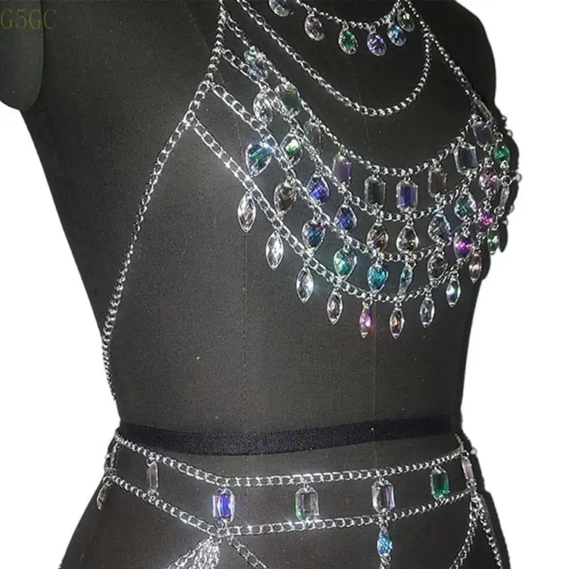 

G5GC Rhinestones Body Chains Beach Bra Top Crystal Chest Chains Wasit Body Jewelry Accessories for Women Girls Gifts