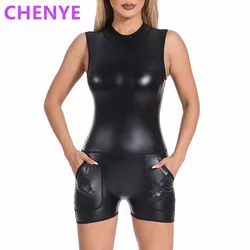 Faux Leather Shapewear Women One Piece Sleeveless Back Zip Bodysuit Lady Jumpsuits Rompers Playsuits Tank Top Shaper with Pocket