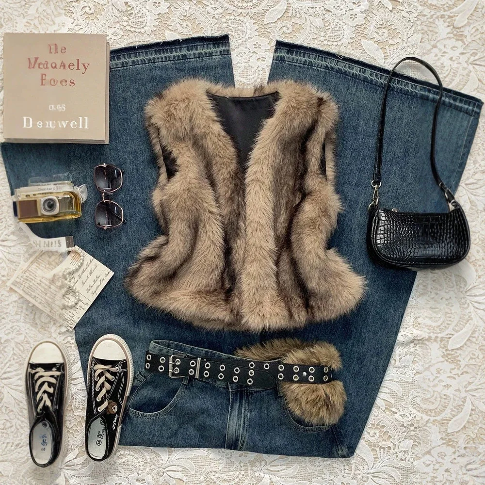 Short Faux Fur Vest Slim Whole Skin Sleeveless Autumn Winter New Faux Fox Fur Women's Short Vest