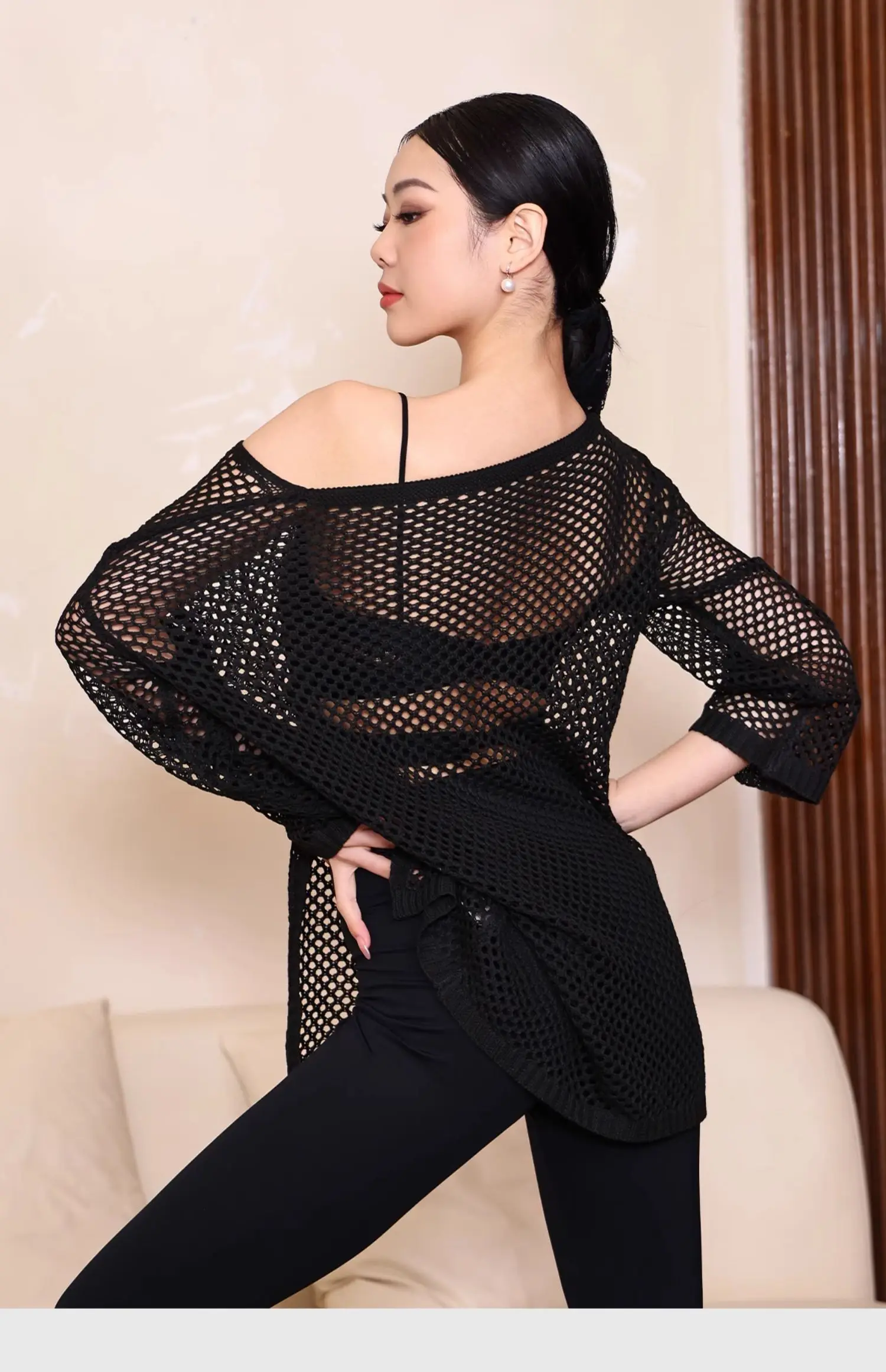 Nouveau costume de danse latine sexy haut en maille + gilet en dentelle + pantalon amincissant taille haute 3 pièces femmes adultes tango samba chacha costume d'entraînement