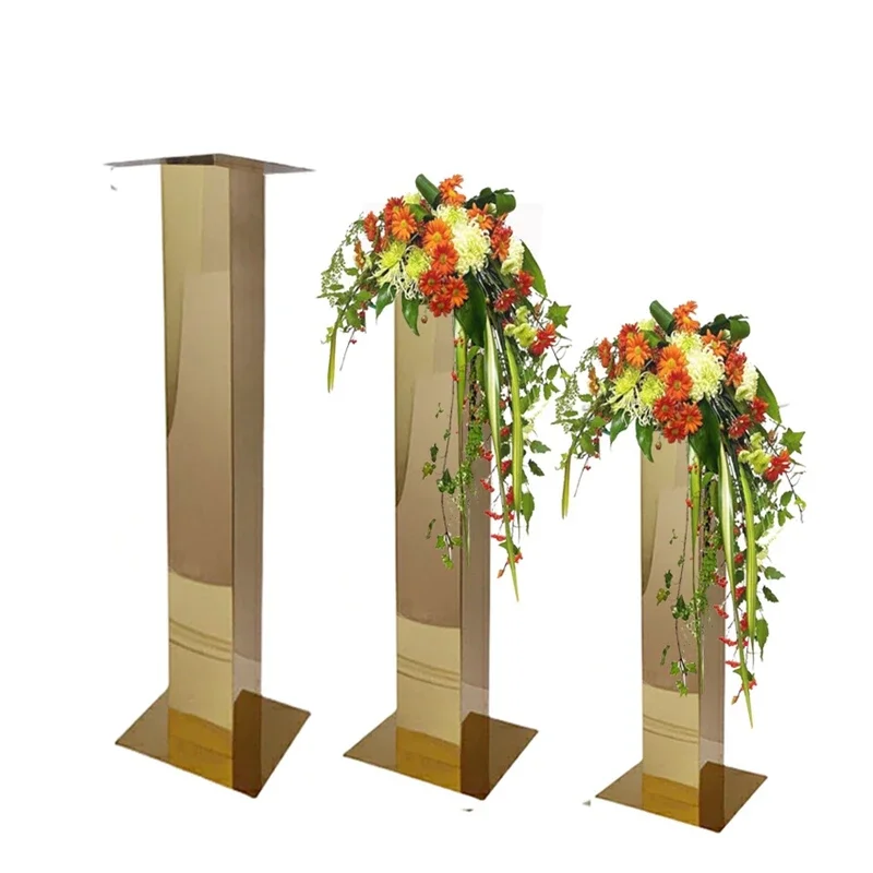 2-10 Stück Goldene Metall-Blumenständer Quadratische Säulen-Sockel Spiegel Edelstahl-Podest Hochzeitstisch-Mittelstück Event-Flur-Dekoration – Detail 12