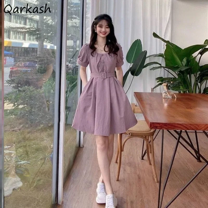 Vestido de mujer Puff manga corta elegante moda verano A-line juvenil dulce nuevo Simple transpirable señoras ocio encaje sólido púrpura