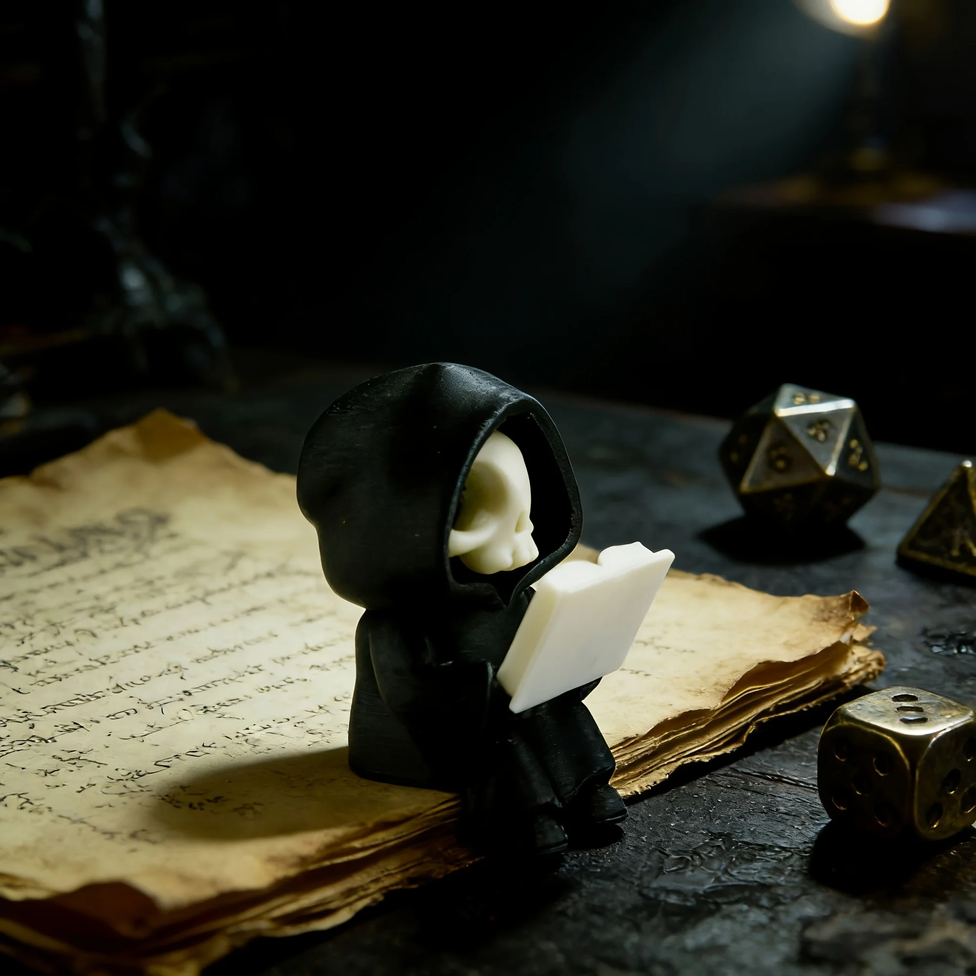 1-Piece Collectible Figurine Depicting a Cute Grim Reaper Reading a Book, Sitting on a Side Table, Size 6.8cm Cm, Made of Black and White Pla This Is a Gothic Literary-Style Desktop Decoration, an Ideal and Unique Gift for Book Lovers during Halloween.