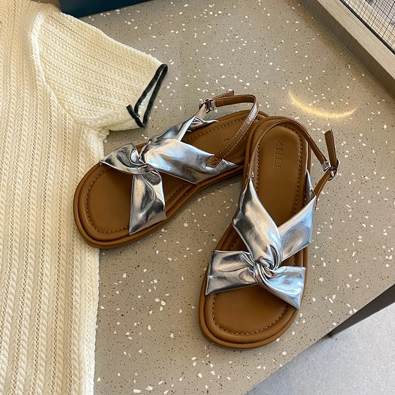 Twisted Strap Flat Sandals With Adjustable Back Buckle Three Styles Printed Fabric Metallic And Plain White Casual Summer Shoes