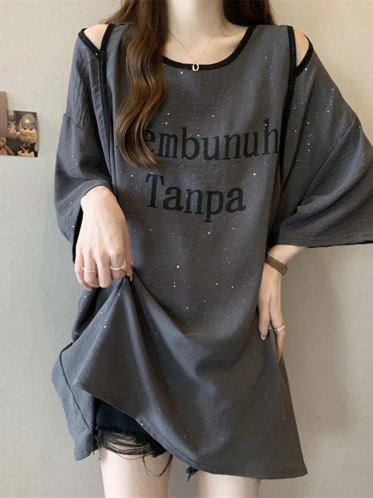 

Off-The-Shoulder Short Sleeved T-Shirt Women's Summer New Letter Printed Top Women Design Sense