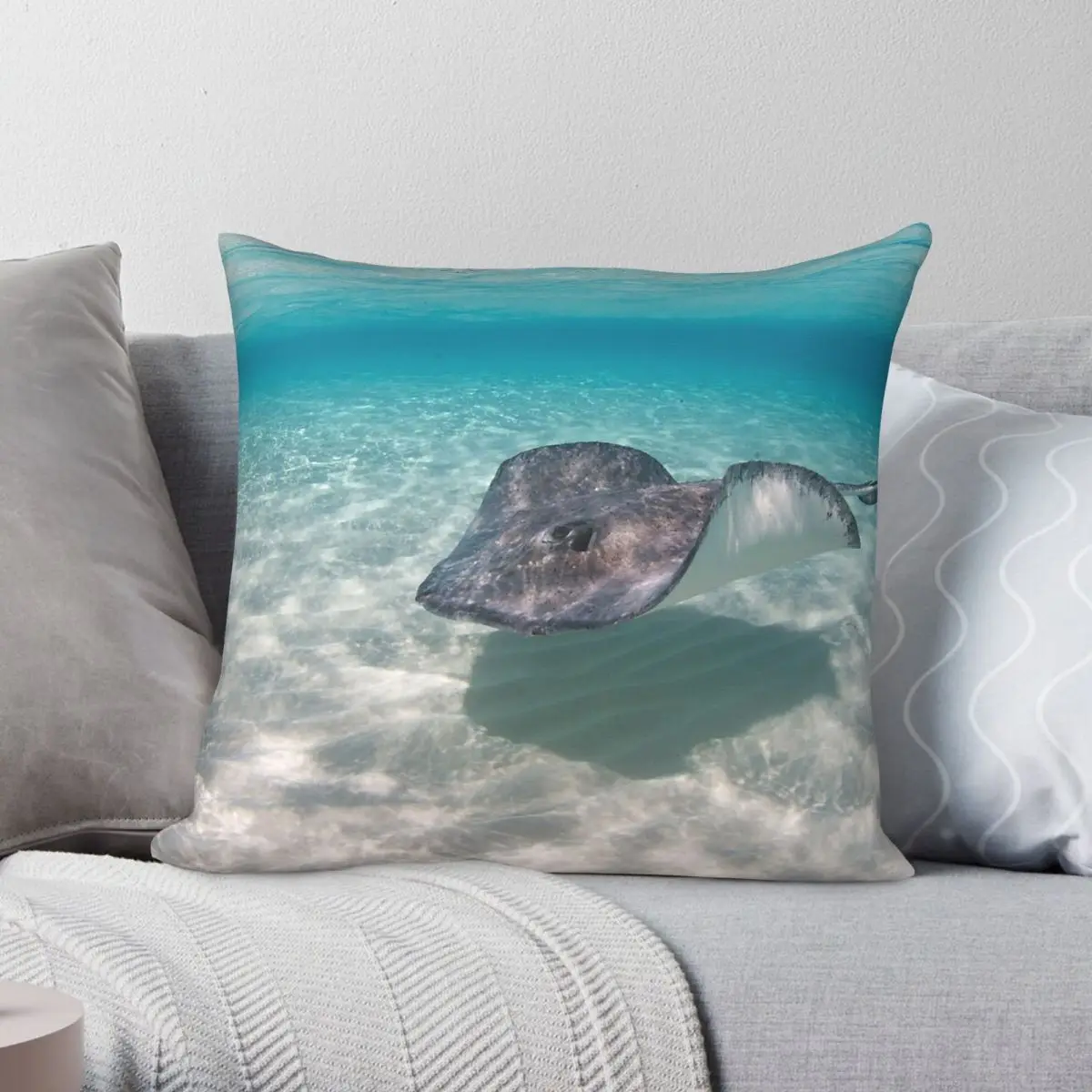 Southern Stingray Square Pillowcase Polyester Linen Velvet Creative Zip Decorative Room Cushion Cover