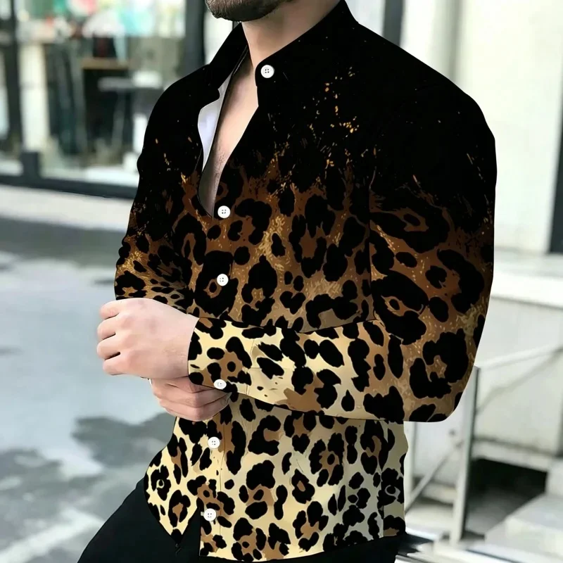 2026 New Men's Shirt Personalized Printed Long Sleeve Shirt Black Brown Contrasting Design Sense Shirt Street Trendy Men's Wear