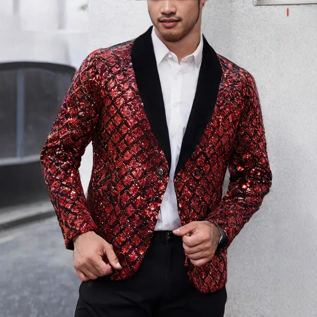 Men's Rhombus Sequins Blazer Banquet Wedding Performance