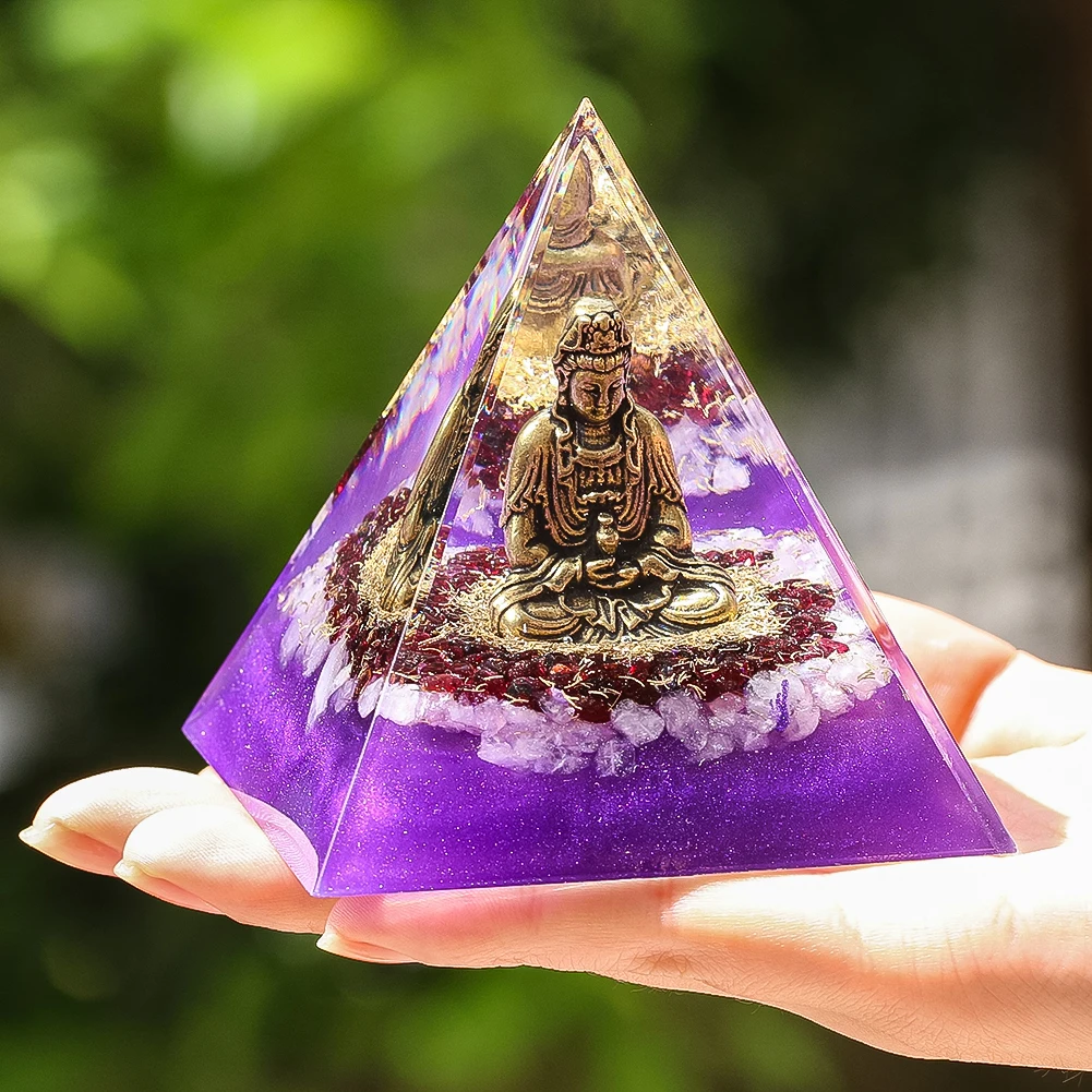 Purple Crystal Buddha Egyptian Pyramid Ornament Energy Meditation Healing Stone Home Office Desktop Paperweight Decoration Gift