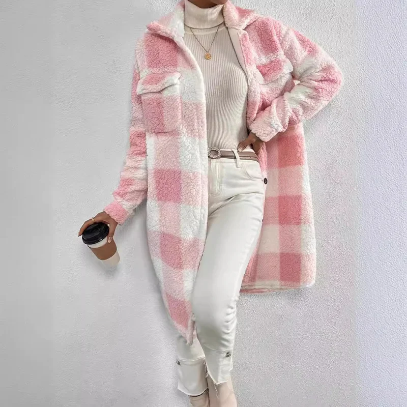 European and American Style Autumn Winter Open Button Turn-down Collar Plush Plaid Loose Fit Elegant Long Coat