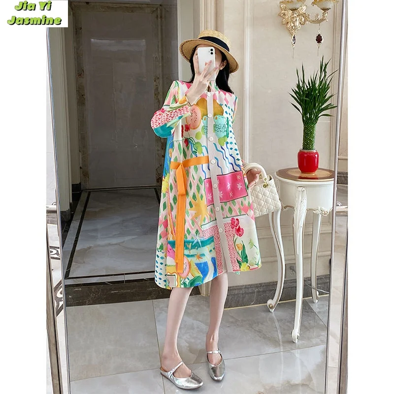 

2024 Spring/summer New Loose Plus Size Slimming and Concealing Pleated Printed Shirt Dress