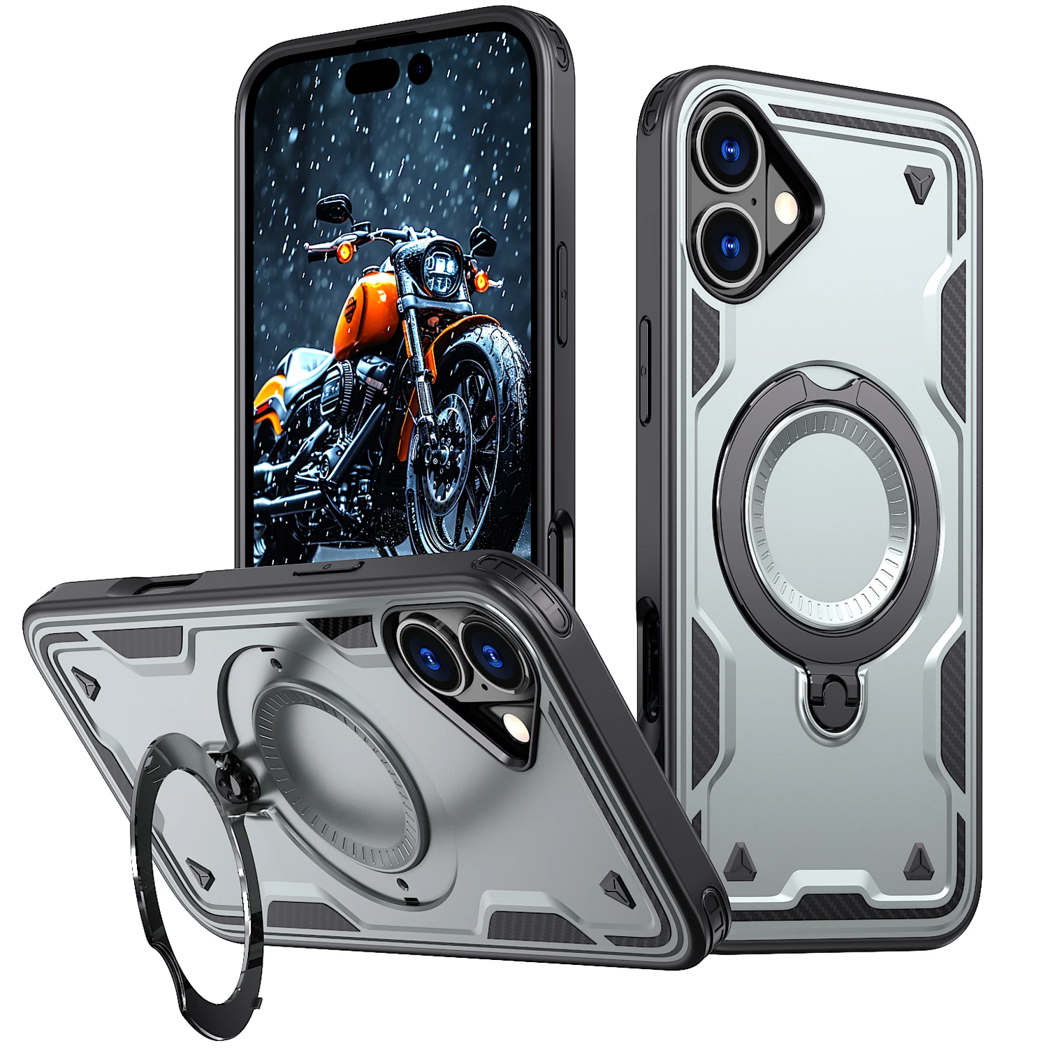 Shockproof Armor Case for iPhone, Folding Holder, Magnetic Stand, Magsafe Metal Ring, 360 ° Rotation, 16, 15, 14 Pro Max, 12, 13