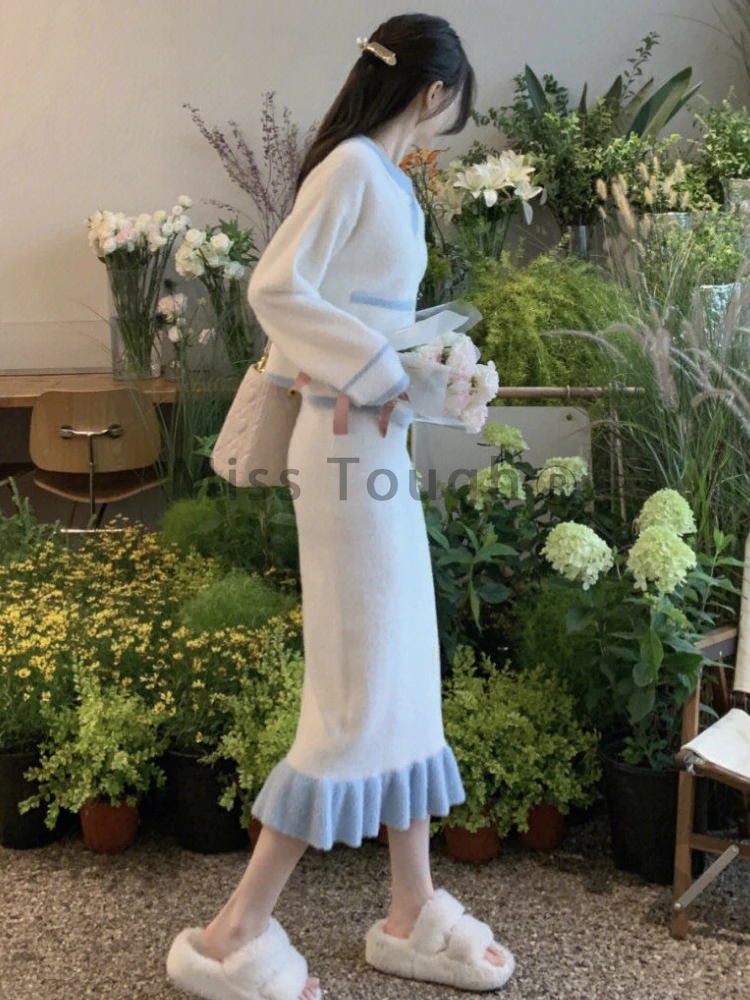 Autumn Sweet Vintage Knitted Two Piece Sets Women Flods Designer Casual Streetwear Midi Skirt Suit Female Korean Chic Set 2023