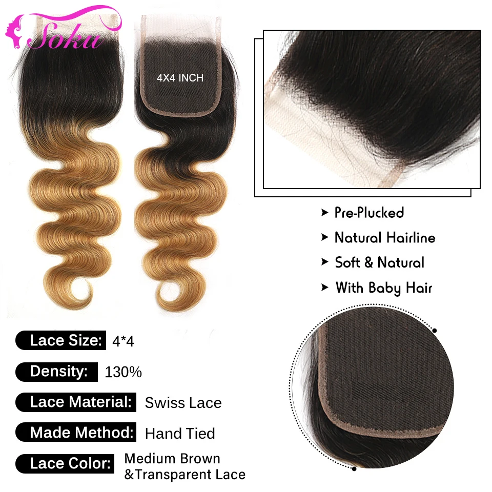 Bundel Gelombang Tubuh Pirang Ombre dengan Penutupan SOKU Bundel Jalinan Rambut Manusia Brasil dengan Ekstensi Rambut Remy 100% Depan
