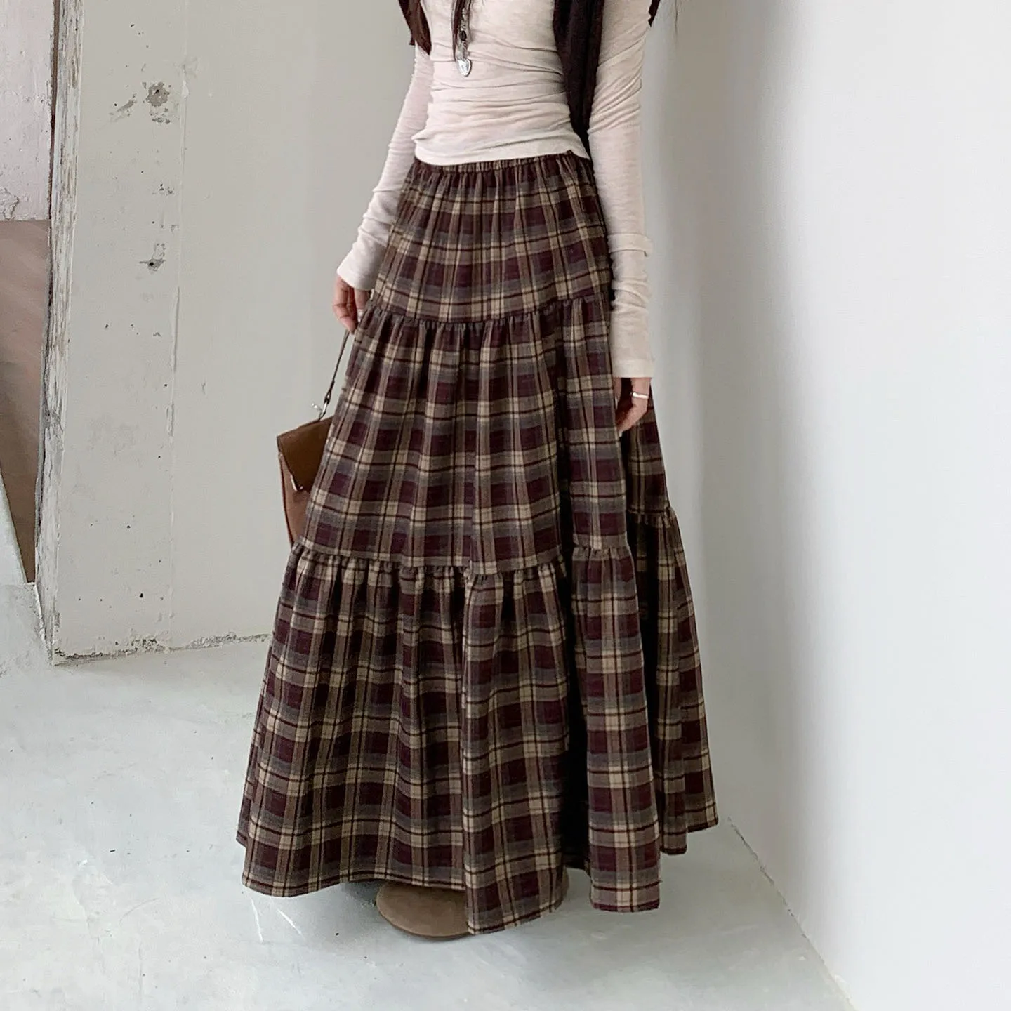 

High Quality Plaid Long Skirt Women Korean Fashion Fall Winter A Line Maix Skirt Female Retro Elastic High Waist Faldas Mujer