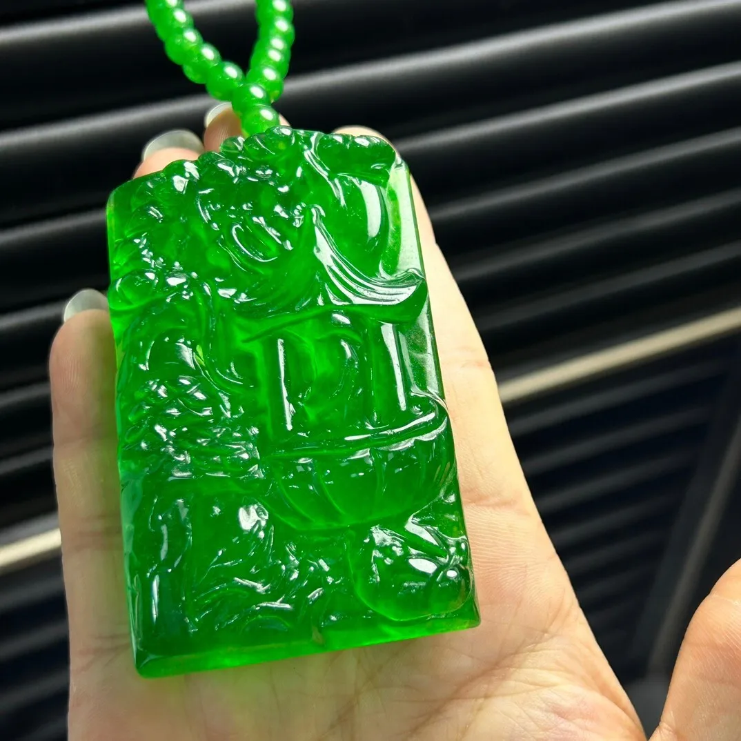 Certified Natural Ice Green Jade Jadeite Carving Landscape Pendant&Necklaces