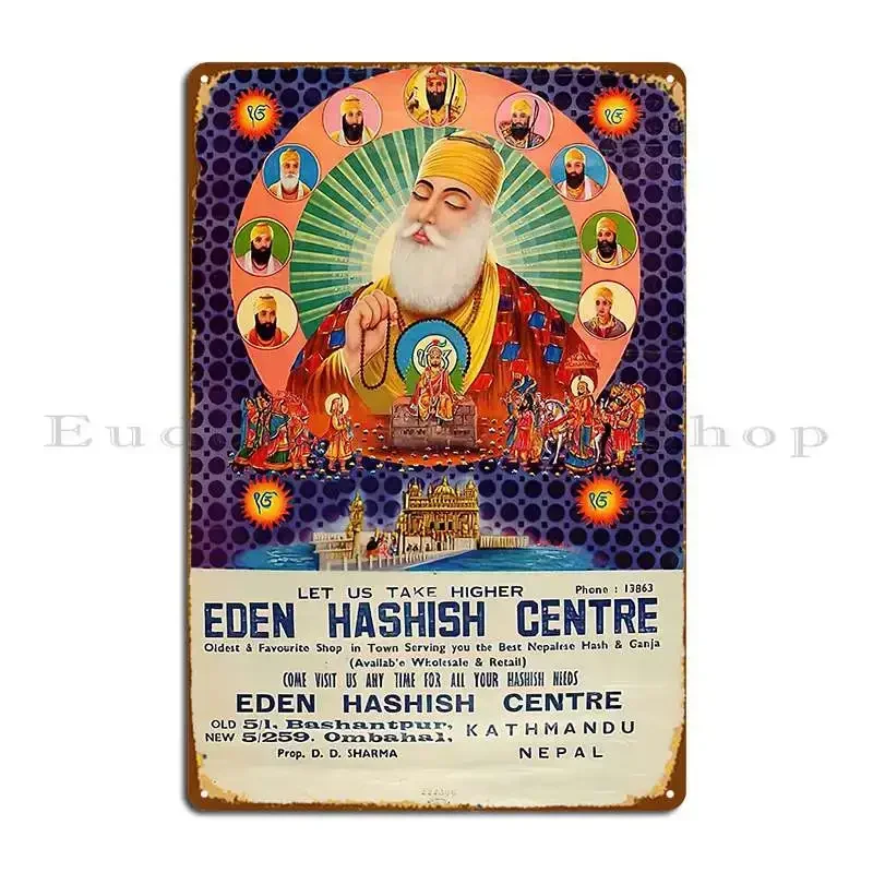 Rare Vintage Illustrated Psychedelic Poster From Nepal Eden Hashish Centre Guru Nanak Metal Sign Sign Tin Sign Poster