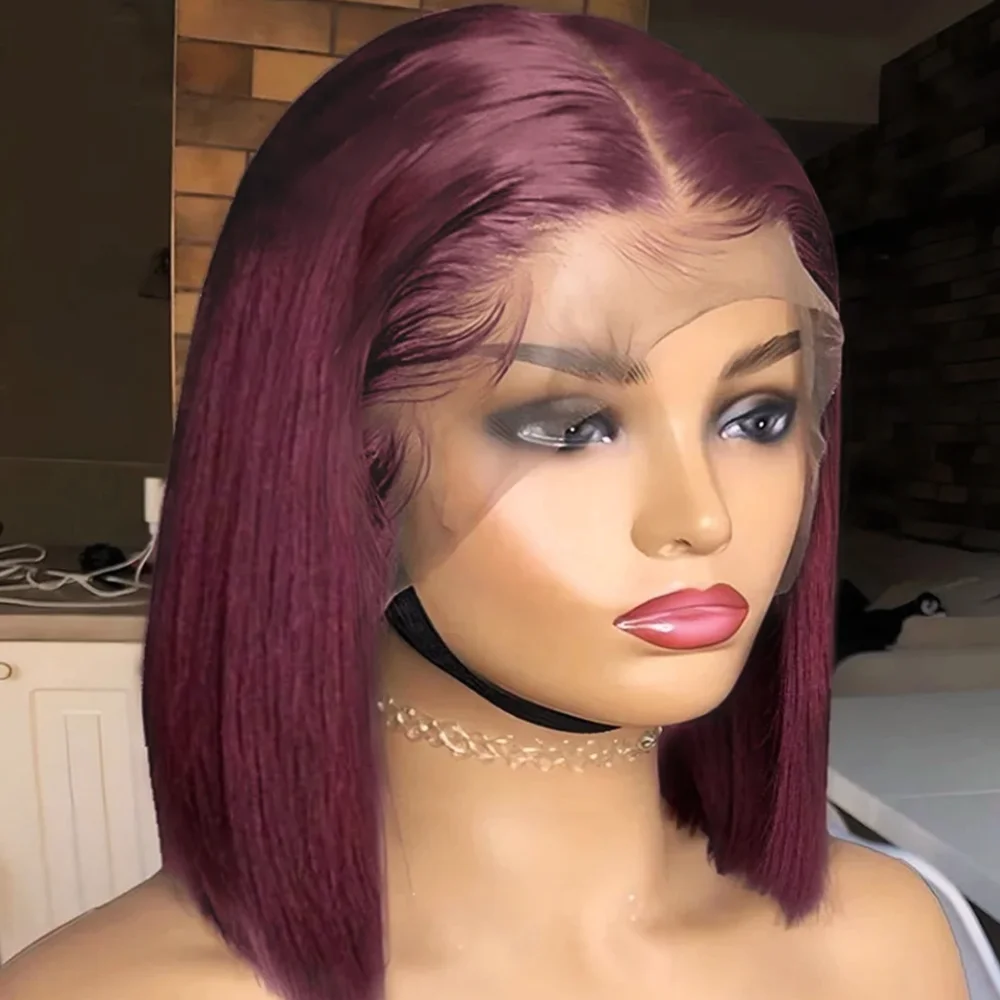 

Бургундский парик-боб 10 дюймов, парик из натуральных волос, 13x4, без клея, готовый к носке, прямой парик с кружевной передней частью, короткие вьетнамские необработанные волосы