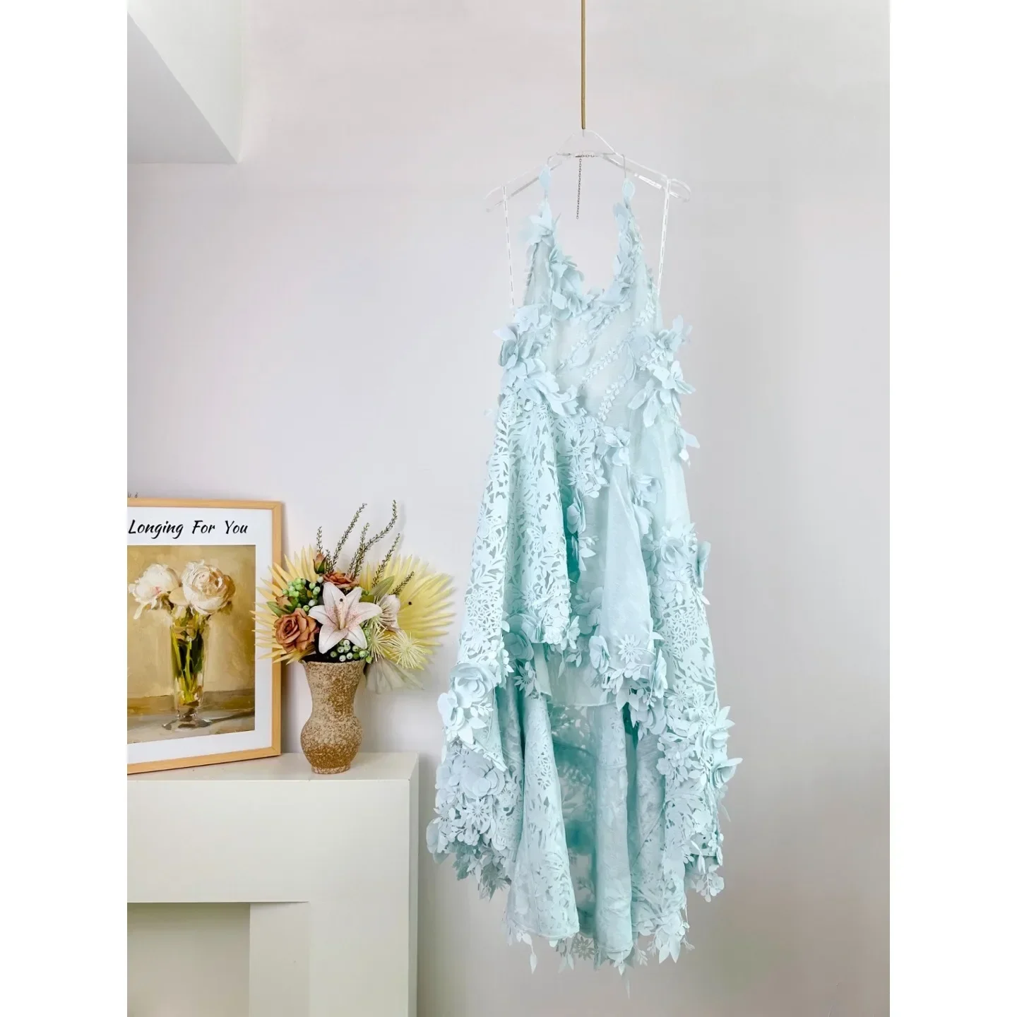 

Highest Quality Version Romantic Style Dress Australia Luxury Design Appliques Asymmetrical Long Dresses Vacation Resort Wear