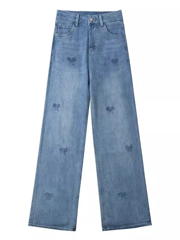 Embroidered Rhinestone Women's Summer Small Size Loose Wide Leg Jeans High Waist Long Pants Thinming Straight Cut Denim Trousers