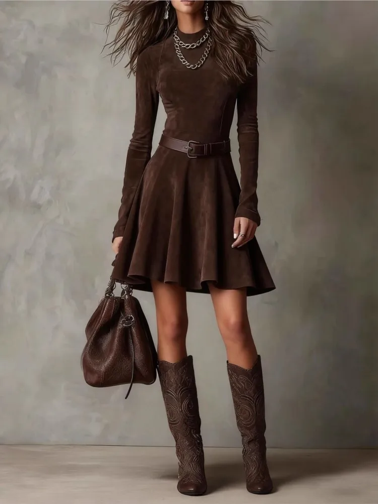 

Women's Suede Mini Dress Fashion Long Sleeve High Neck Western Style Retro Bodycon Dresses Lady Spring Summer Vestidos With Belt