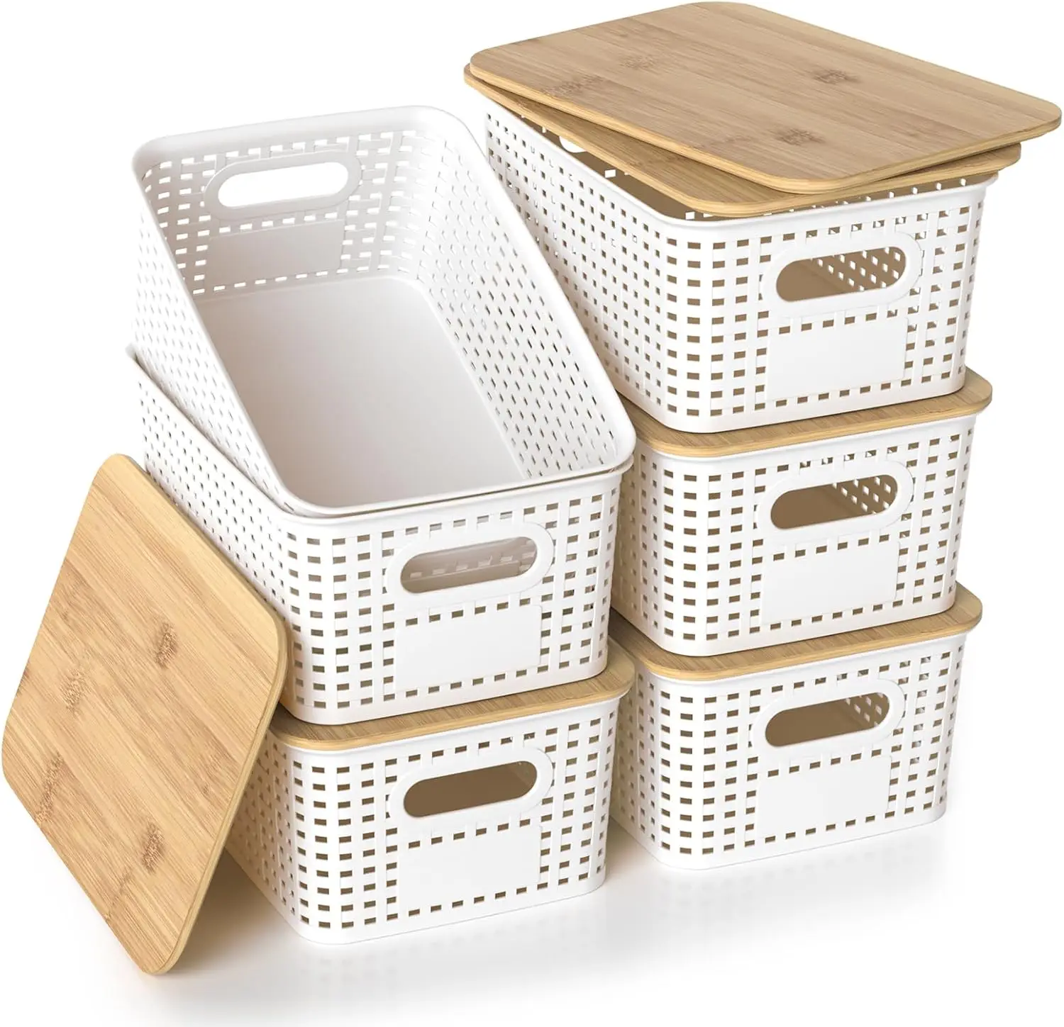 

Plastic Storage Baskets with Bamboo Lids, Stackable Small Box Bins for Organizing and Containers for Shelves Drawers Desktop