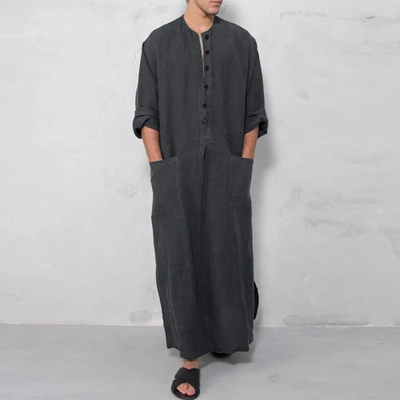 Mรคnner Muslimischen Roben Einfarbig Langarm Baumwolle Taschen Roben Taste-unten Freizeit Vintage Islamischen Arabischen Kaftan Dubai Mรคnnlich neue