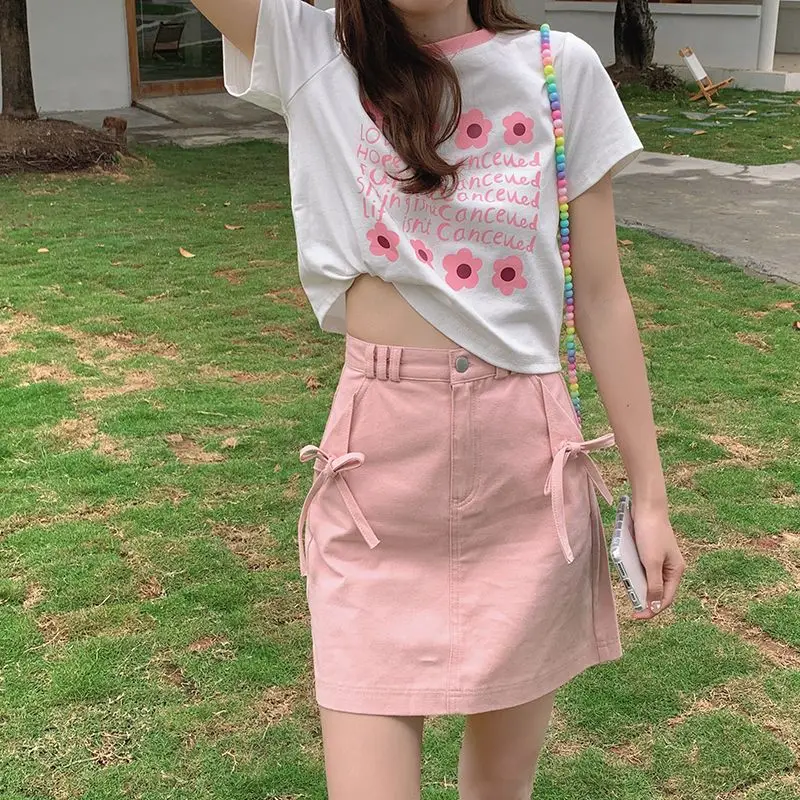 Denim Skirt Pink Bow Design 2024 Summer New Style Female Korean Version Sweet Little High Waist Slim A-Line Hip Skirt