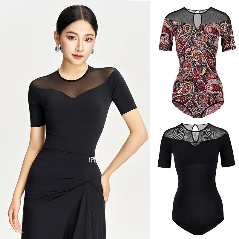 Topy do tańca latynoamerykańskiego dla kobiet z siateczki z krótkim rękawem i nadrukiem, body do ćwiczeń tańca latynoamerykańskiego, stroje do tańca towarzyskiego DN22371